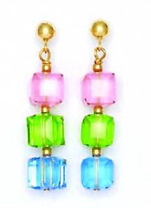 
14k Yellow Gold 6 mm Cube Pink Green and Blue Crystal Earrings
