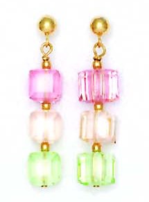
14k Yellow Gold 6 mm Cube Light Pink Cream and Green Crystal Earrings
