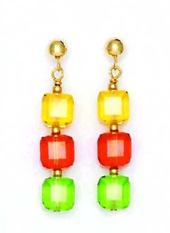 
14k Yellow Gold 6 mm Cube Yellow Red and Green Crystal Earrings
