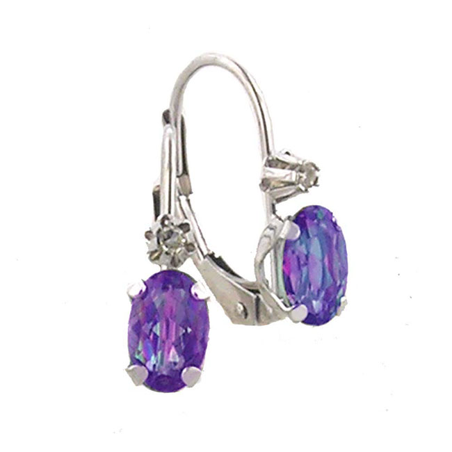 
10k White 6x4 mm Leverback Oval Amethyst and Diamond Earring
