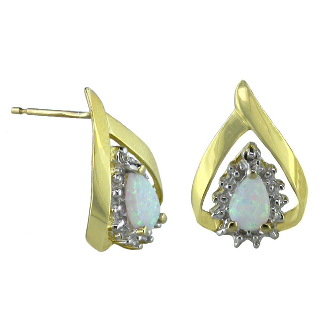 
10k Yellow 6x4 mm Pear Shape Simulated Opal and Diamond Earrings
