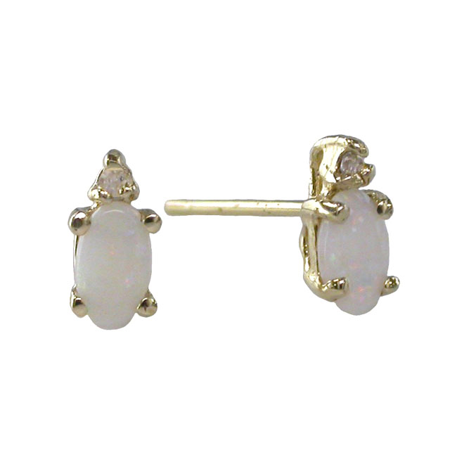 
14k Yellow 5x3 mm Oval Simulated Opal and Diamond Stud Earrings
