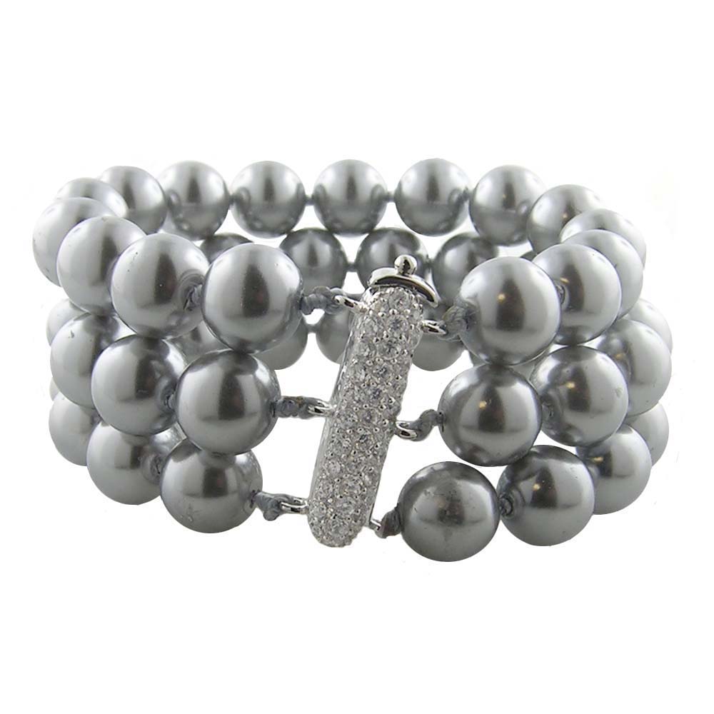 
Sterling Silver 3 Row Grey Pearls And Cubic Zirconia Pearl Bracelet
