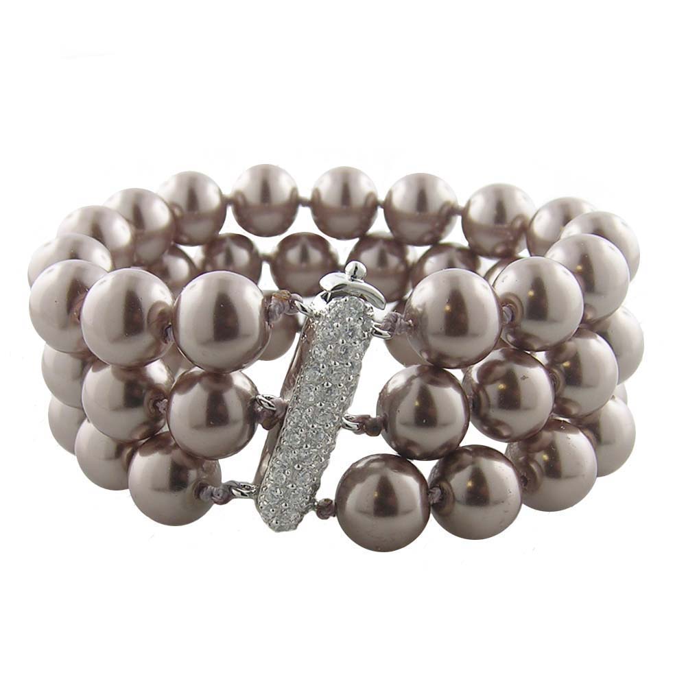 
Sterling Silver 3 Row Taupe Pearls And Cubic Zirconia Pearl Bracelet
