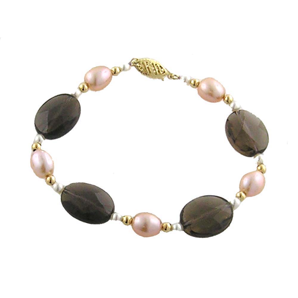 
14k Yellow Smokey Quartz Freshwater Cultured Pink And White Pearl Bracelet
