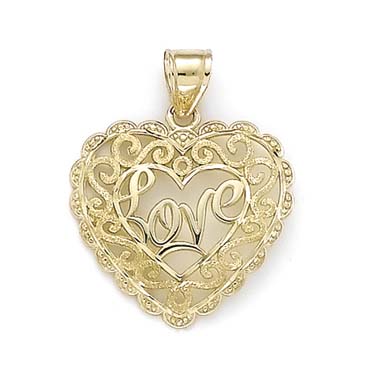 
14k Yellow Gold Love Heart Filigree Laser Sparkle-Cut Pendant
