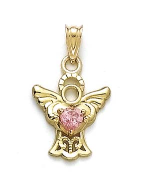 
14k Yellow Gold Filigree Angel Pink Heart Cubic Zirconia Pendant
