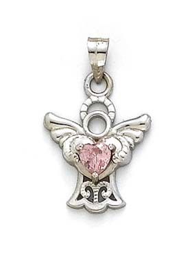 
14k White Gold Filigree Angel Pink Heart Cubic Zirconia Pendant
