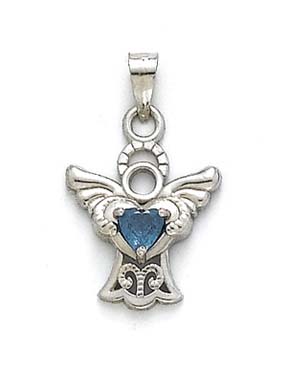 
14k White Gold Filigree Angel Blue Heart Cubic Zirconia Pendant
