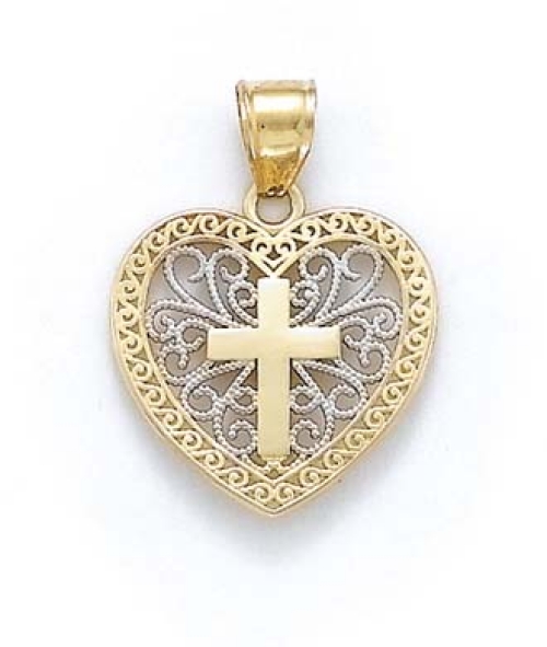 
14k Two-Tone Gold Heart Cross Filigree Pendant
