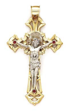 
14k Two-Tone Gold Large Crucifix Red Cubic Zirconia Pendant
