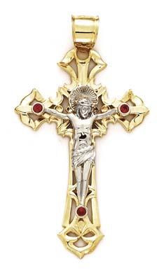 
14k Two-Tone Gold Medium Crucifix Red Cubic Zirconia Pendant
