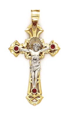 
14k Two-Tone Gold Small Crucifix Red Cubic Zirconia Pendant
