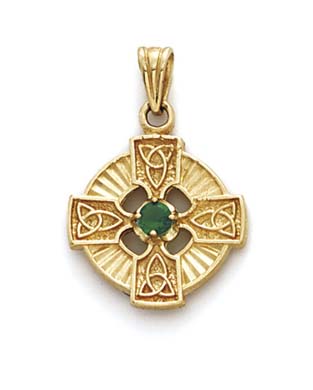 
14k Yellow Gold Celtic Cross Simulated Emerald Pendant
