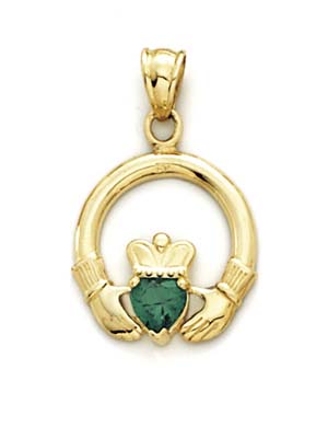
14k Yellow Gold Claddagh Simulated Emerald Pendant
