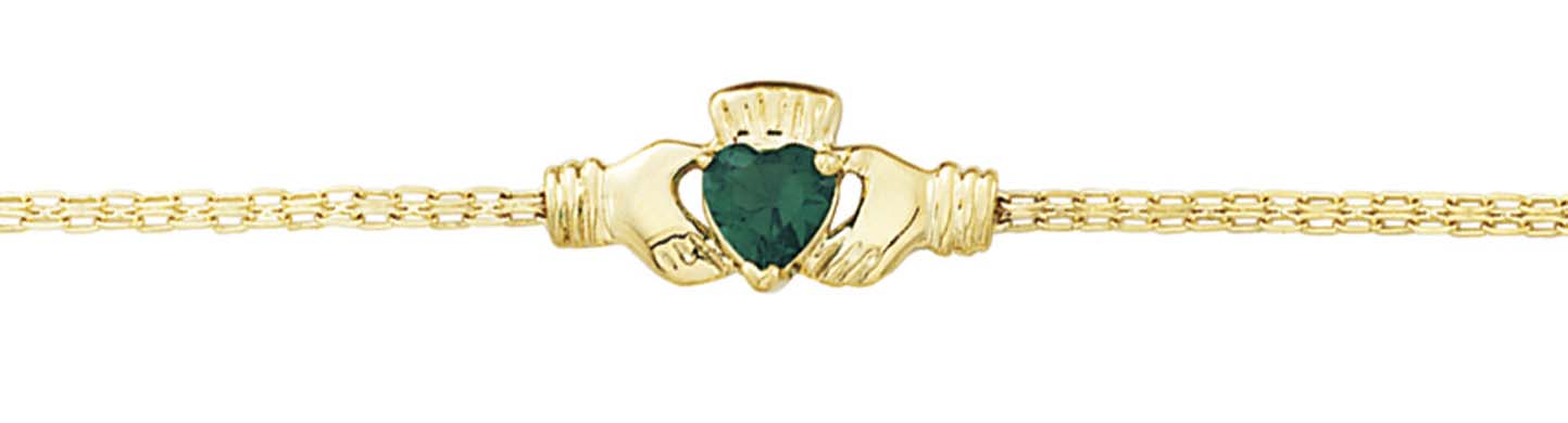 
14k Yellow Gold Claddagh Simulated Emerald Bracelet - 7.25 Inch
