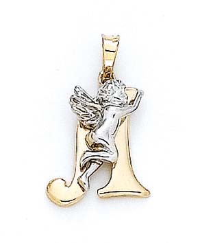 
14k Yellow Gold Initial A with Angel Pendant 3/4 Inch Long
