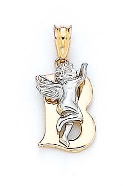 
14k Yellow Gold Initial B with Angel Pendant 3/4 Inch Long
