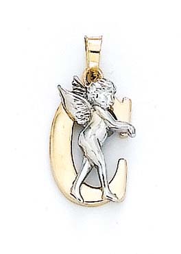 
14k Yellow Gold Initial C with Angel Pendant 3/4 Inch Long
