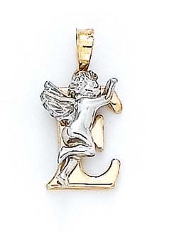 
14k Yellow Gold Initial E with Angel Pendant 3/4 Inch Long
