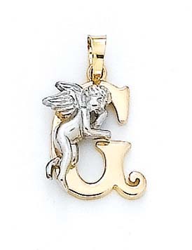 
14k Yellow Gold Initial G with Angel Pendant 3/4 Inch Long
