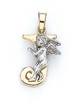 
14k Yellow Gold Initial J with Angel Pendant 3/4 Inch Long
