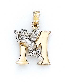 
14k Yellow Gold Initial M with Angel Pendant 3/4 Inch Long
