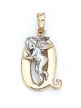 
14k Yellow Gold Initial Q with Angel Pendant 3/4 Inch Long
