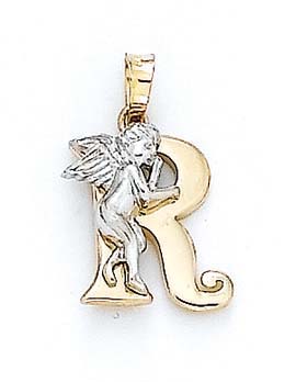 
14k Yellow Gold Initial R with Angel Pendant 3/4 Inch Long

