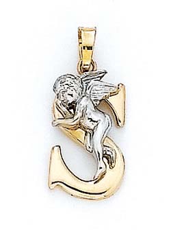 
14k Yellow Gold Initial S with Angel Pendant 3/4 Inch Long
