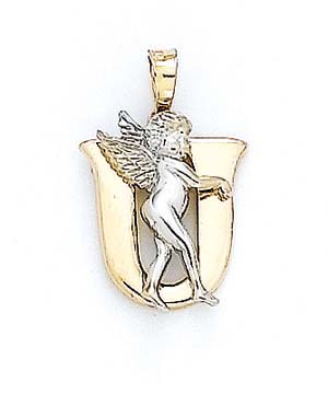 
14k Yellow Gold Initial U with Angel Pendant 3/4 Inch Long
