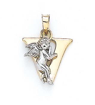 
14k Yellow Gold Initial V with Angel Pendant 3/4 Inch Long
