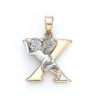 
14k Yellow Gold Initial X with Angel Pendant 3/4 Inch Long
