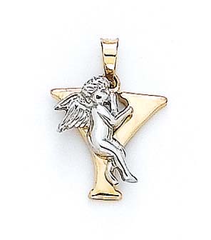 
14k Yellow Gold Initial Y with Angel Pendant 3/4 Inch Long

