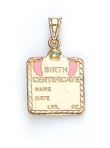 
14k Yellow Gold Peridot Baby Girl Birth Certificate Pendant 1 1/16 Inch
