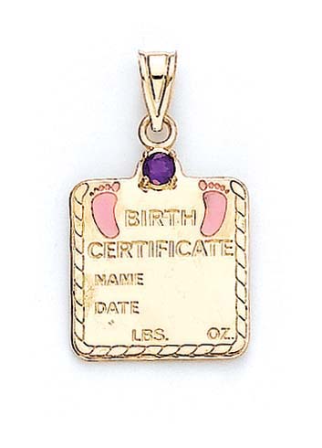 
14k Yellow Gold Garnet Baby Girl Birth Certificate Pendant 1 1/16 Inch
