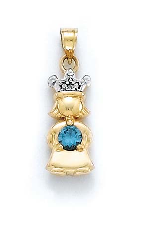 
14k Diamond & Topaz-Blue Birthstone Princess Pendant 1 Inch
