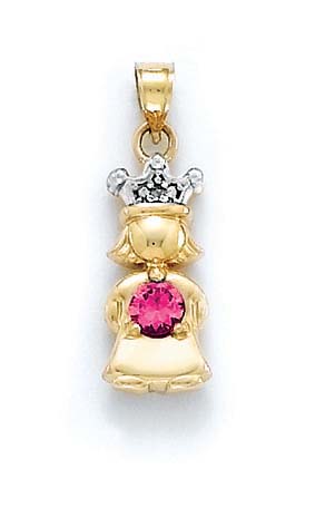 
14k Yellow Gold Diamond and Red Birthstone Princess Pendant 1 Inch
