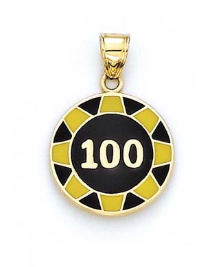 
14k Yellow Gold Enamel $100 Poker Chip Pendant
