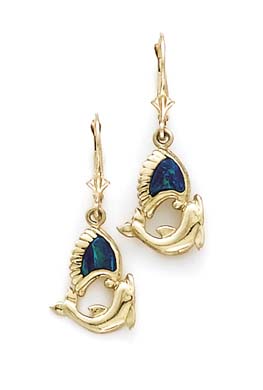 
14k Yellow Gold Simulated Opal Dolphin Leverback Earrings
