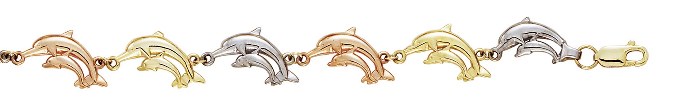 
14k Tricolor Gold Dolphins Bracelet - 7.25 Inch
