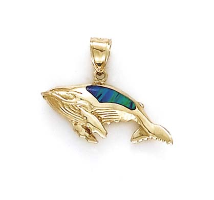 
14k Gold Whale Simulated Opal Inlay Pendant
