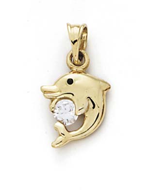 
14k Yellow Gold Small Dolphin Holding Cubic Zirconia Pendant
