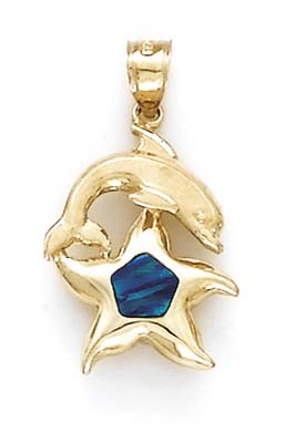 
14k Yellow Gold Dolphin Star Simulated Opal Pendant
