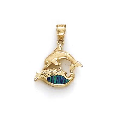 
14k Yellow Gold Dolphin Shell Simulated Opal Pendant
