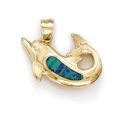 
14k Gold Dolphin Simulated Opal Inlay Pendant
