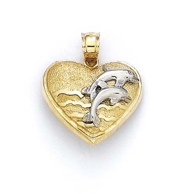 
14k Two-Tone Gold Jumping Dolphins In Heart Pendant
