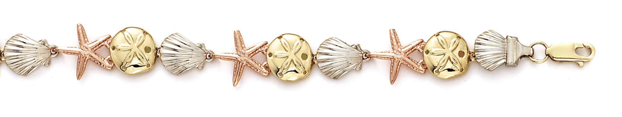 
14k Tricolor Gold Shell Sanddollar StarFish Bracelet - 7.5 Inch
