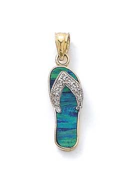 
14k Two-Tone Gold Dark Green Simulated Opal Flip-Flop and Diamond Pendant
