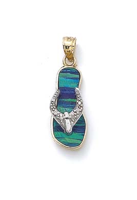 
14k Two-Tone Gold Dark Green Simulated Opal Flip-Flop and Diamond Pendant
